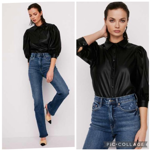 Pistola Adina Black Puff Sleeve Black Faux Leather Blouse Size S - Picture 1 of 15